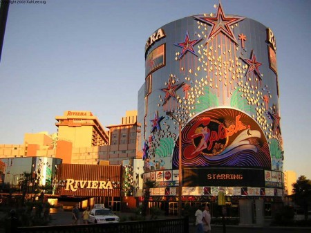 Brightly Colored Promotional Facade Of Riviera Hotel And Casino In