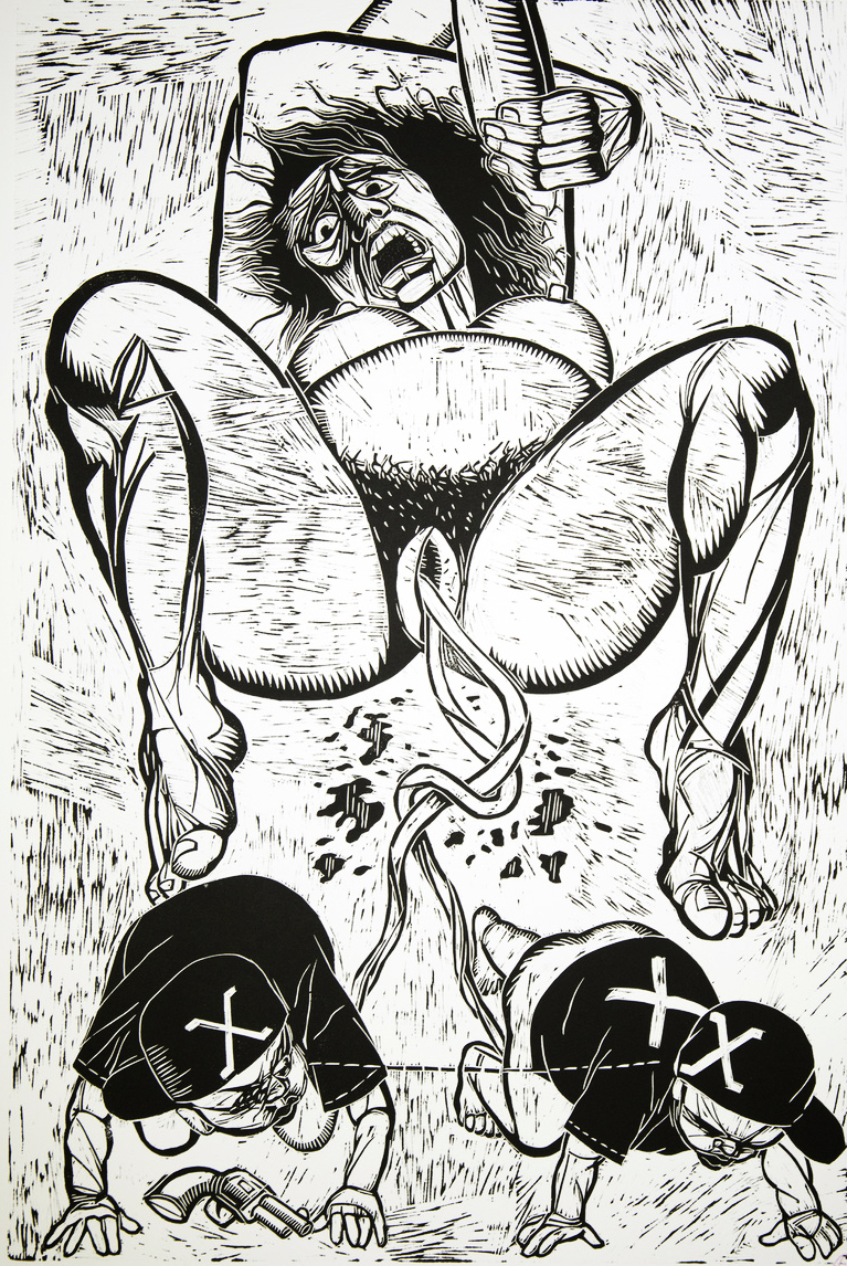 4. Twin Birth and a Gun, woodcut print, 48x32